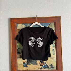 Black Crop Top with White Dragon Design